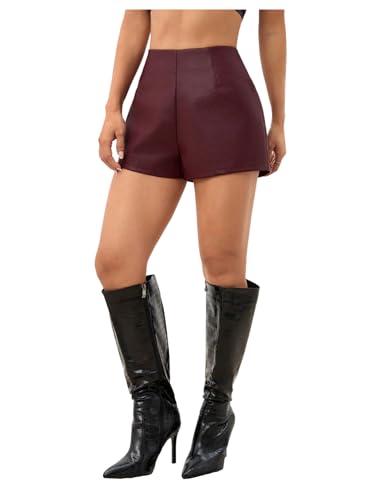 SweatyRocks Womens Faux Leather High Waisted Shorts Y2k Going Out Mini Shorts Clubwear Burgundy Petite M