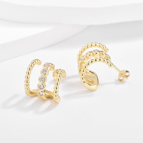 GULICX Gold Earrings for Women Trendy, 925 Sterling Silver Post Triple Hoops Illusion Stud Earrings with Cubic Zirconia, Claw Earrings Cuff for Women2