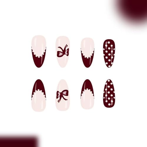 Image of Red Press on Nails Polka Dot Fake Nails Medium Almond False Nail with Bow Design French Tip Glue on Nails Glossy Full Cover Artificial Acrylic Stick on Nail for Women Manicure 24Pcs