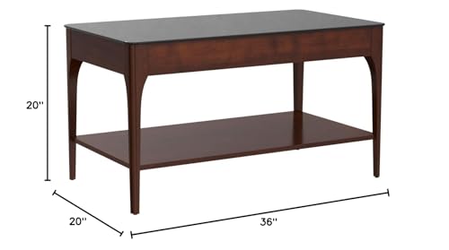 Image of Leick Home Obsidian Coffee Table, Glass Top, Solid Wood, Display Shelf, Small Size, Easy Assembly, Chestnut with Black Top, 20 in D x 36 in W x 20 in H, 11103