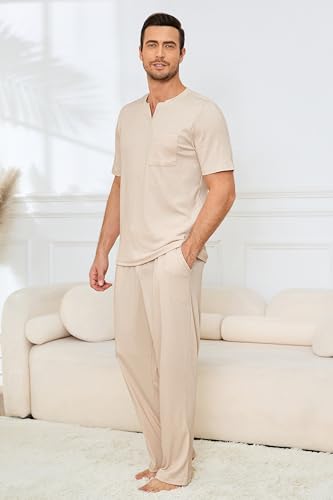 JiniGolla Mens Pajamas Set Soft Waffle Knit Short Sleeve Top and Pant Loungewear Sets 2 Piece Pjs with Pockets2