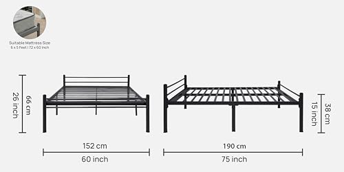 Image of Nivo Metal Queen Size Bed Without Storage | Wrought Iron Double Bed with Headboard & Footboard | Sturdy Powder Coated Platform Bed Queen Size Cot for BedroomLivingRoom Black (75x60)