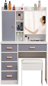 Furnilife Large Vanity Desk Set with Mirror Hidden Storage, 5 Drawers, Vanities Dressing Makeup Table with 3 Storage Cabinet, for Bedroom, White, (DxWxH): 14.6x79.3x132.4.