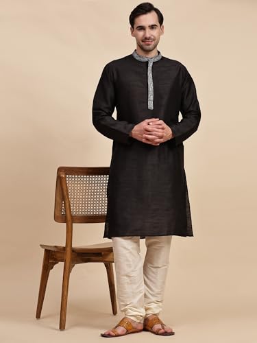Image of Men's Art Silk Kurta Pajama Set with Embroidered Collar | Traditional Indian Ethnic Wear Long Sleeve Straight Kurta with Churidar Pajama