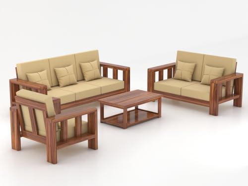 Image of Sheesham Wooden 6 Seater Sofa Set for Living Room | Solid Wood Sofa | Rosewood Sofa Set for Home & Office | Lounge (Natural, 3+2+1 Seater)