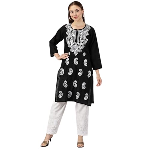 Image of FCH, Fashionable Chikan Handikraft Women's Cotton Lucknowi Chikankari Printed Straight Kurta for Regular Wear Girls Flared Kurta