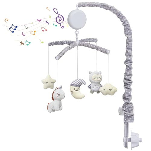 Image of Perbyste Baby Crib Mobile, Nursery Mobile for Crib with 36 Lullabies Digital Musical Box, 2 Modes, Hanging Toys for Infants 0-6 Months Boys & Girls, Grey
