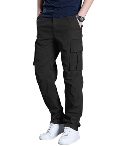DOWMQ Men's Cargo Pants Casual Straight Leg Sweatpants Drawstring Elastic Waist Men Pants with 6 Pockets Hiking Pants Black,2XL