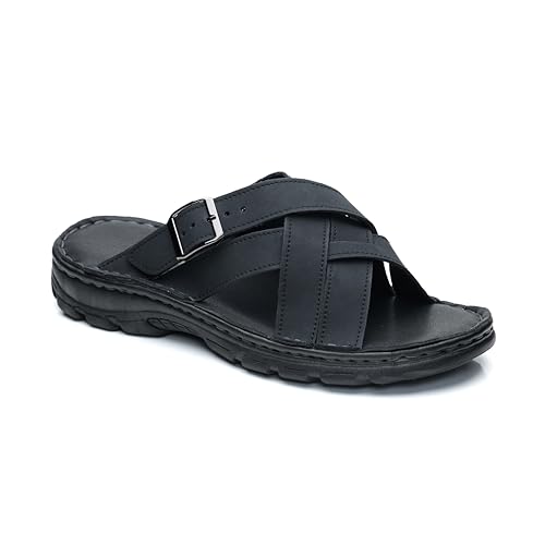 MGGMOKAY Mens Leather Slides Summer Leather Slipper Anti-Slip Comfortable Outdoor Sandals with Adjustable Strap