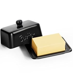 Large Ceramic Butter Dish with Lid for 500g & 250g Block, Butter Dish Keeper, Durable Porcelain Storage Box, Dishwasher Safe, Kitchen Container for Butter Cheese Snacks, Black
