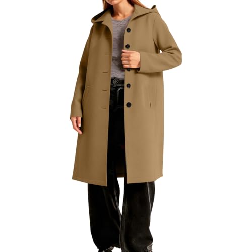 Abrigo de lana para mujer largo elegante gabardina monocolor abrigo con capuze chaqueta de lana informal para otoño e invierno, marrón, XL - imagen 5