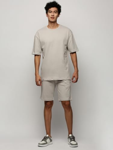 Image of SHOWOFFFF Men Solid Two-Piece Co Ords | Round Neck Half Sleeves Cotton Co Ords for Mens | Mid-Rise Regular Fit Above Knee Co Ords for Men's