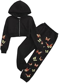 Ofanyia Kids Girl Tracksuit Clothes Set Long Sleeve Zipper Hooded Sweatshirt Crop Tops + Pants Suit Children Girls Spring Fall Outfits Set Butterfly Print Hoodies Sportwear Hip Hop Costumes