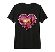 Beautiful desert sunset landscape framed in a thorny heart shape, featuring majestic saguaro cacti silhouettes against a vibrant orange and purple sky. Perfect southwestern aesthetic wall decoration. Show your love for the desert with this romantic s...