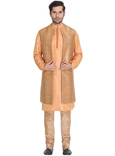 Image of VASTRAMAY Men's Beige Cotton Silk Blend Kurta, Ethnic Jacket and Pyjama Set