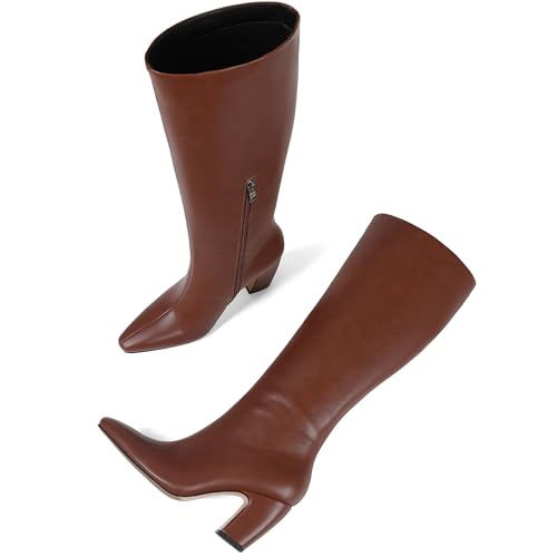 Women's Knee High Boots, Comfortable Square Toe Faux Leather Boot Fashion Long Tall Boots for Riding Wide Calf Chunky High Heeled Dress/Casual Boot3