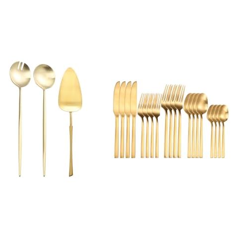 Zerophilo Gold Kitchen Utensil Cutlery Set,Salad Servers,Spoon and Fork Set, Cake Cutter, Matte Silverware Set Gold Flatware Set with Hexagon Handle Cover