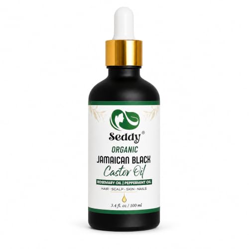 Image of Seddy Organic Jamaican Black Castor Oil with Rosemary & Peppermint - Cold-Pressed, Hexane-Free Hair Growth & Scalp Treatment Oil for Thicker, Stronger Hair, Edges & Beard - 3.4 fl oz