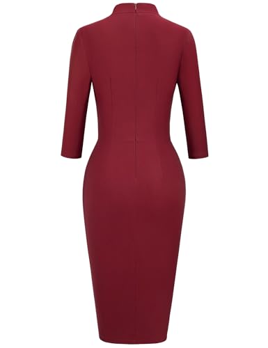 Image of MUXXN Women's Midi Pencil 1950s Vintage Cocktail 3 /4 Sleeve Tie Neck Bodycon Mid-Calf Dress with Pockets