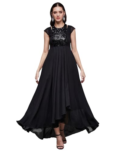 Image of Miss Chase Women's Round Neck Sleeve Embellished Fit Flare Maxi Dress