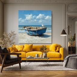 Affiche vintage de plage avec bateau bleu pour salon cosy