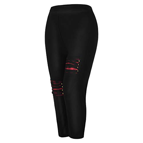 Leggings femininas tamanho da cintura casual xadrez rasgado plus panel bordado calças elásticas plus