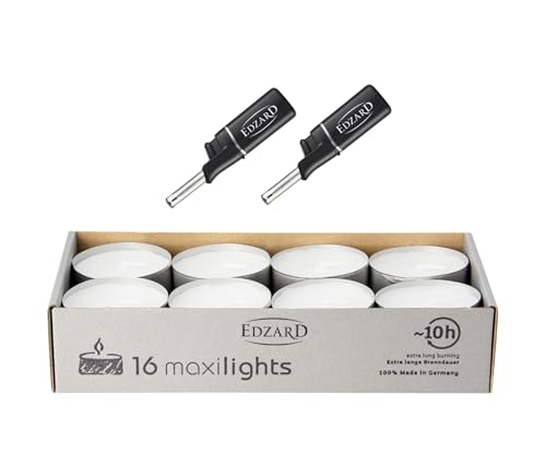 EDZARD 16 Maxilights Maxi Tea Lights White Diameter 58 mm Plus 2 Mini Stick Lighters