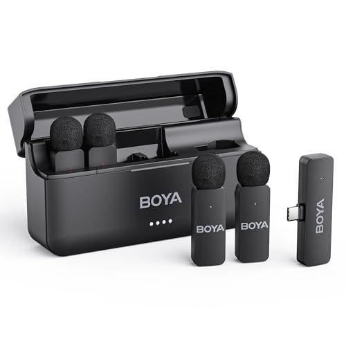 BOYA BY-V4U Micrófono de Solapa inalámbrico para iPhone 15/16 Series, Android, Tipo C con Estuche de Carga, 4 Canales, micrófono inalámbrico omnidireccional, cancelación de Ruido, 48kHz/16Bits, 200m