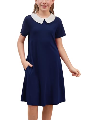 GORLYA Girls Vintage Collar Casual Loose Straight Swing T-Shirt Dress with Pockets 4-14Y