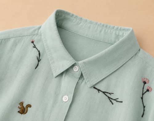 Image of Gufrina Women Designer Botanical Embroidered Korean Style Shirt | Button Down Relaxed Fit | High Low Hem Three Quarter Sleeve | Casual Smart Top-Shirt
