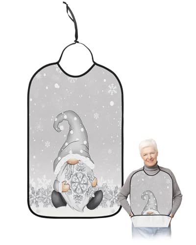 Adult Bibs for Elderly Women - Grey Gnomes Christmas Waterproof Dining Clothing Protectors with Crumb Catcher for Eating/Feeding, Gray Xmas Snowflake Winter Rustic Terry Cloth Bib Machine Washable