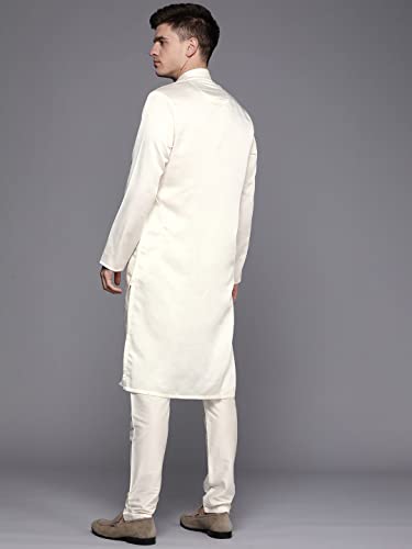 Image of Manyavar Men's Ethnic Kurta Set, Full Sleeves Mandarin Collar Ethnic Kurta Set For Engagement, Wedding, Party Art Silk Kurta Set