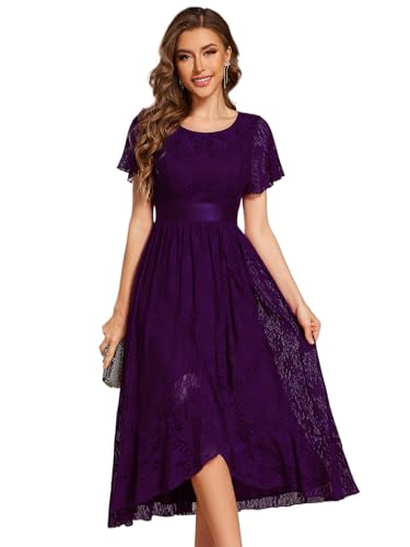 Image of Ever-Pretty Women's Lace Short Sleeve Round Neck Empire Waist Midi High Low Evening Gown 03489