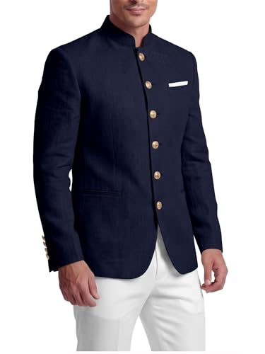 HUUTOE Mandarin Collar Jacket Men Linen Chinese Navy Blazer Suit Slim Fit Suits for Wedding Nehru Wedding Attire Clothing XL