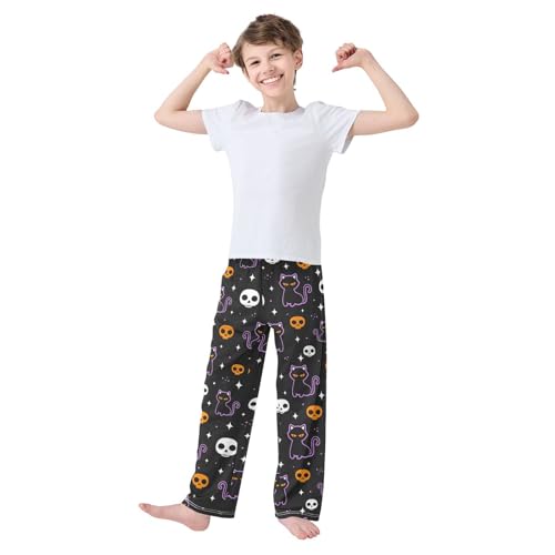 Halloween Cat Skull Boys Long Pants Soft Trousers Elastic Waist Kids Lounge Bottoms with Pockets S-XL2
