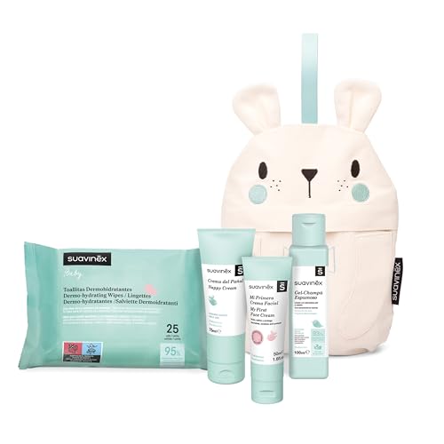 Suavinex, Neceser Bebé, Set Regalo Bebé Recién Nacido con: Crema del Pañal, 75 ml + Gel Champú Espumoso 100 ml + Crema Facial 50 ml + Toallitas Dermohidratantes 25 uds. Formato Viaje, Oso, Azul