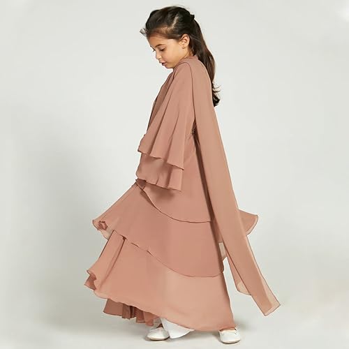 Muslim Chiffon Abaya for Kids Girls Open Front Cardigan Modest Dress with Hijab Middle East Arabian Robe3