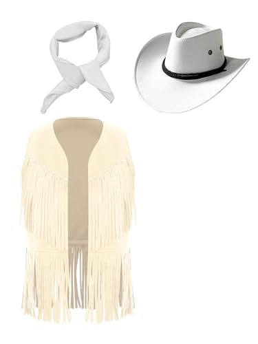 renvena Kids Western Cowboy Cowgirl Outfits Fringe Rivets Vest Cardigan with Cowboy Hat Bandanna Set