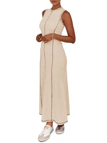 Wenrine Womens Tank Maxi Dress Sleeveless Crew Neck Knit Ribbed Summer Contrast Stitch Dresses4