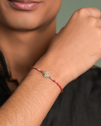 Image of Clara 925 Sterling Silver Rakhi with Roli Chawal for Bhai | Gift for Brother on Rakshabandhan | Men & Boy Bracelet