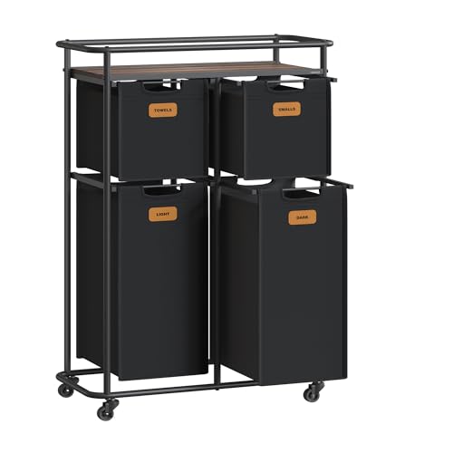VASAGLE Panier à Linge Mobile, Corbeille à Linge avec Roulettes, Trieur de Linge de 115 L, Portable, avec Étagère, 4 Sacs Amovibles, 6 Étiquettes, Noir d’Encre et Marron Châtaigne RLS100B01