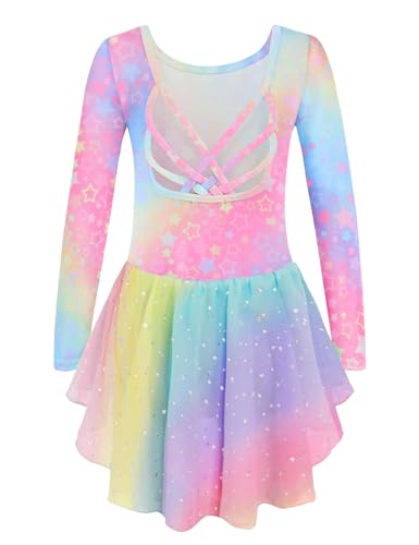 Image of Arshiner Girls Long Sleeve Ballet Leotards with Shinny Skirts Criss-Cross Back Dance Dresses