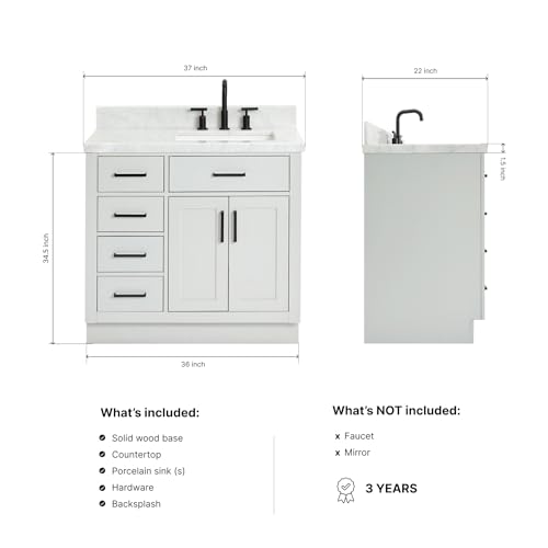 ARIEL Bathroom Vanity 37" Grey, 1.5" Edge Italian Carrara Marble Countertop & Splash, Rectangular Sink, 2 Soft Closing Doors, 5 Full Extension Dovetail Drawers, Toe Kick, Matte Black
