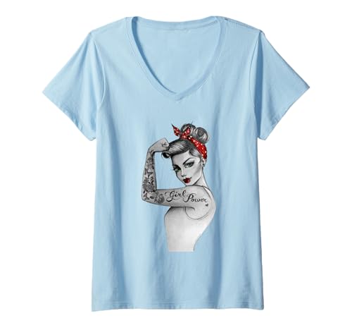 Femme Girl Power Pin Up Tatouage féministe rétro vintage T-Shirt avec Col en V