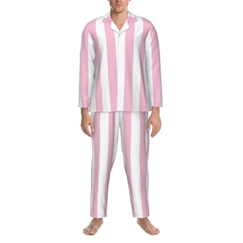 Pink And White Stripes Mens Pajamas Set Button Down Sleepwear Set Long Sleeve Loungewear With Pockets