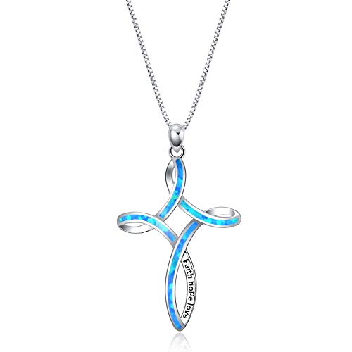 WINNICACA keltisches kont Halskette Sterling Silber Erstellt Blue Opal Faith Kreuz Anhänger Halskette Muttertag für Frauen Mädchen, graviert"Faith Hope Love" Cover