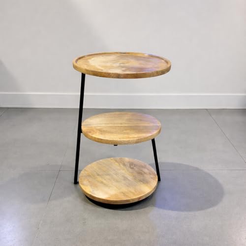 Image of POSHIO Wooden Side Table 3 Tier Round with Metal Frame- Modern End Table Organizer with Storage Shelves (Natural Brown, 61.5, Centimeters, 40.5, Centimeters, 40.5, Centimeters)
