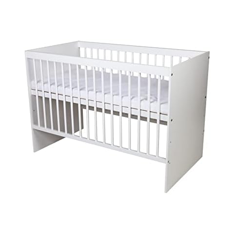 KMbaby Babybett TANY Weiß 120 x 60 cm mit Matratze - Baby Kinderbett Gitterbett mit Lattenrost 3 Stufen Höhenverstellbar - Lackiertes Kiefernholz Cover