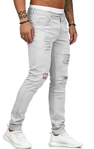 Image of HUNGSON Men's Blue Slim Fit Jeans Stretch Destroyed Ripped Skinny Jeans Side Striped Denim Pants