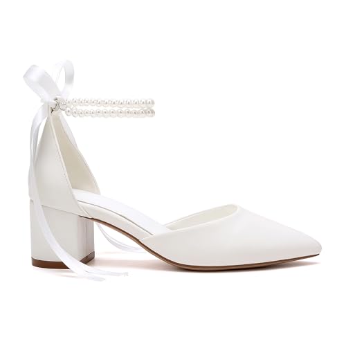 Women's Block Heel Pearl Satin Closed Pointed Toe Chunky Low Heel Pump Sandal Party Wedding Dress Shoes3